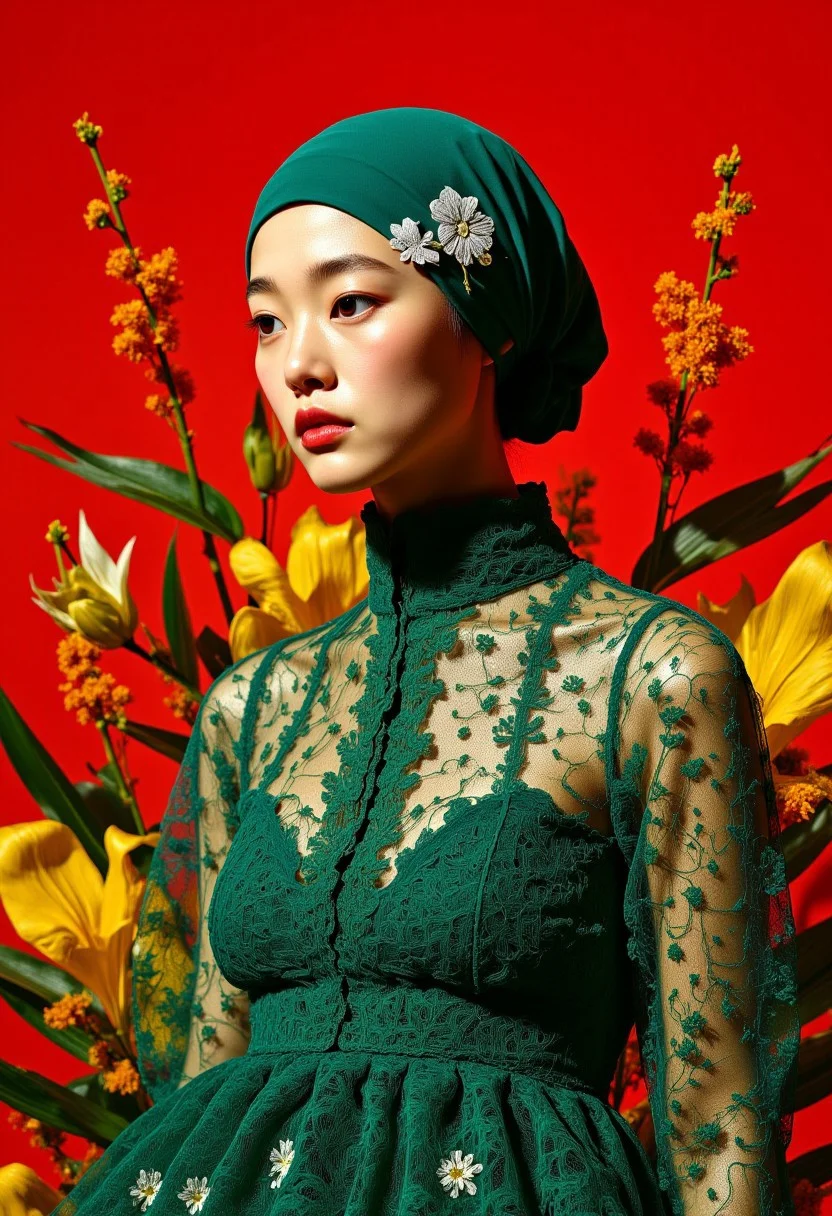 photo-fen, (high resolution, 8k, still, cinematic) A sinfully stylish, highly detailed, digitally rendered portrait of a young woman with a fair, porcelain skin tone. She wears a teal headwrap adorned with intricate white floral patterns, the fabric flowing gracefully down her shoulders with subtle folds and luminous texture. Her calm, composed expression is enhanced by a soft gaze directed slightly to the left. She is dressed in a sheer, lace-like green garment, rich with delicate floral embroidery that appears almost touchable. The lace texture adds dimension, with light filtering through the translucent layers to reveal the skin beneath. Behind her, a vibrant red field bursts with bold splashes of yellow and orange, providing a sharp contrast to the cool tones of her attire. Abstract, stylized green and yellow plant elements emerge across the background, blending nature with contemporary design. Dramatic lighting carves long, cinematic shadows across her form, illuminating the fine details of the lace and floral motifs. The overall composition is surrealistic and high-fashion, fusing vivid color, deep texture, and a modern aesthetic into a visually arresting experience.