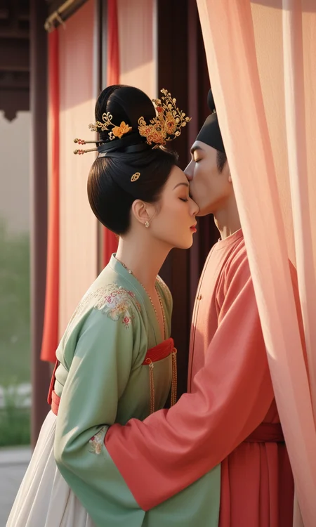 Top photography works, masterpiece, best quality, newest, absurdres, highres,
(1boy/gsfh, kiss, chinese clothes, black hair, hair bun, flower, hair ornament, jewelry, closed eyes, long sleeves, single hair bun, earrings, 1girl, hanfu, bracelet, 1boy, hetero, architecture, couple, hanfu, lyz and lc, lyz, lc, princess, Round-collar robe, bed, curtain, lyz at left, lc at right), close-up,
masterpiece, best quality, amazing quality, very aesthetic, absurdres, newest, haute couture,
light from one side, dark shadow,