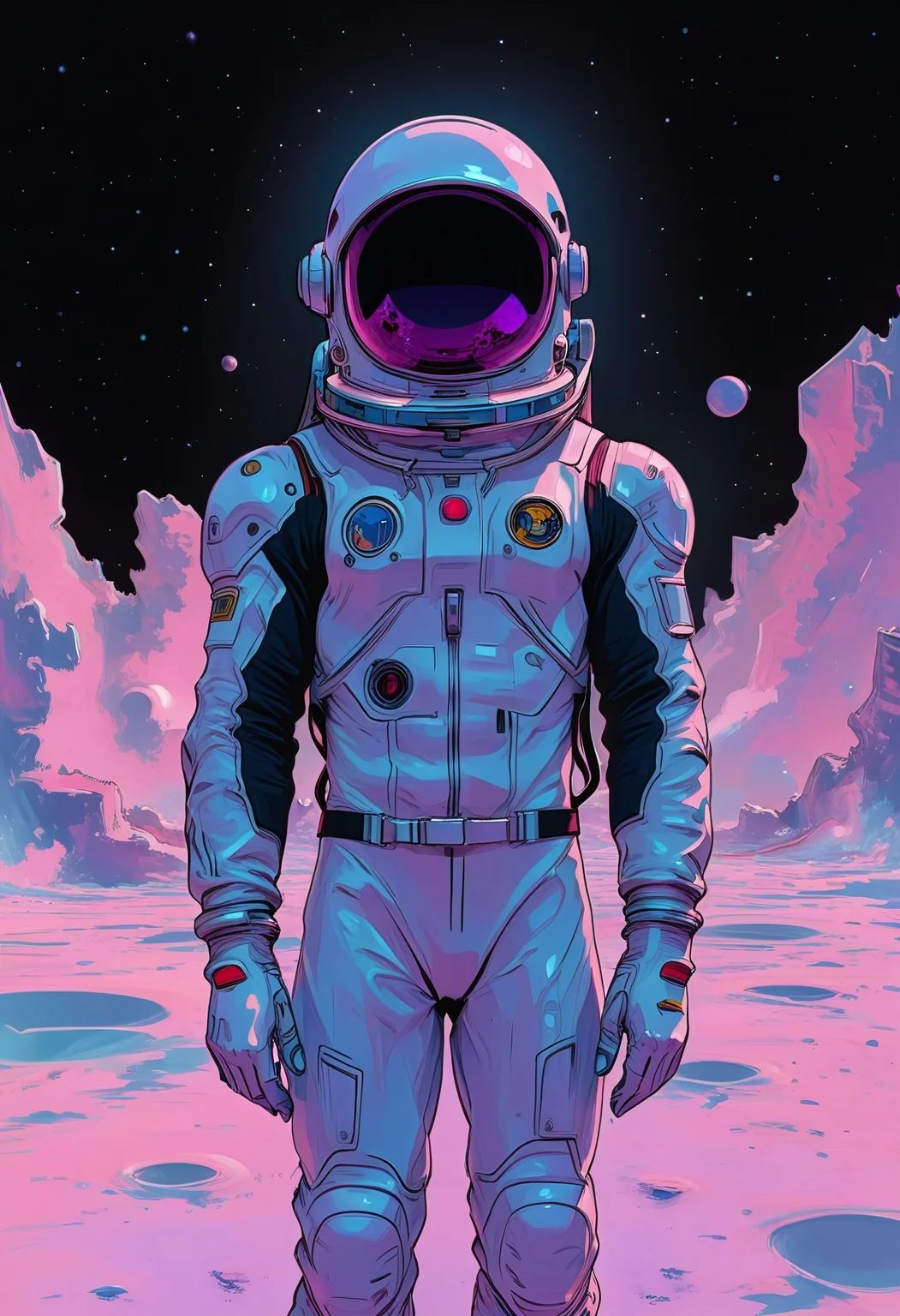 neonfusion,  an astronaut stranded in the vast void of space, his helmet reflecting countless distant stars and cosmic glows. The scene has a surreal, dreamy atmosphere, with soft bioluminescent light accents enveloping the edges of the suit. The astronaut’s reflective visor shows the dark abyss of space, with faint nebula colors and glimmering light streaks hinting at his isolation. The suit features intricate details, subtly illuminated by celestial light. The background fades into a velvety, black void, emphasizing the contrast with the helmet’s glowing reflections and the cosmic elements surrounding him. The entire composition feels ethereal, cinematic, and awe-inspiring, painted with vivid, harmonious colors in a high-resolution style.