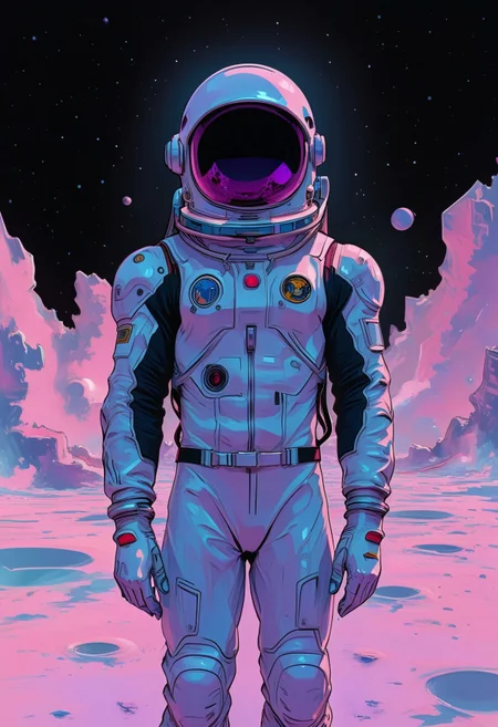 neonfusion, an astronaut stranded in the vast void of space, his helmet reflecting countless distant stars and cosmic glows. The scene has a surreal, dreamy atmosphere, with soft bioluminescent light accents enveloping the edges of the suit. The astronaut’s reflective visor shows the dark abyss of space, with faint nebula colors and glimmering light streaks hinting at his isolation. The suit features intricate details, subtly illuminated by celestial light. The background fades into a velvety, black void, emphasizing the contrast with the helmet’s glowing reflections and the cosmic elements surrounding him. The entire composition feels ethereal, cinematic, and awe-inspiring, painted with vivid, harmonious colors in a high-resolution style.
