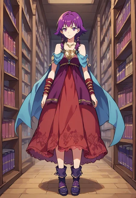 1girl, solo, alone, score_9, score_8_up, score_7_up, masterpiece, high quality, source_anime, very detailed, 

LuteFE, purple hair, short hair, low twintails, purple eyes, CFit, necklace, jewelry, red dress, sleeveless dress, skirt, bare shoulders, blue cape, arm warmers, purple boots, purple footwear, short dress, short skirt,

standing, full body, facing forward, 

indoors, library, old study, 