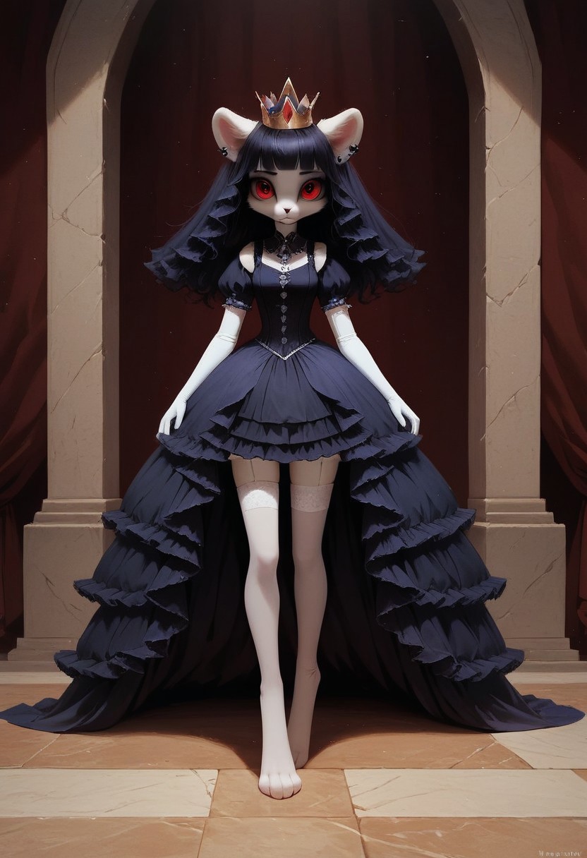 score_9, score_8_up,  (night time, in living room standing )
,(semi-realistic),(furry:2.0),
rabbit girl, (black rabbit ears:1.3, (cute face, cute), white skin, bored face,  small medium chest, short hair, (black hair:1.2), messy hair , blunt bangs, (red eyes:1.1), hair covers ear, (youthful:1.), (crown,Princess dress,Dress long gloves,White silk stockings, goth),medium boobs,
(female focus, full body:0.8),
(detailed faces1.5) ,  masterpiece, high res, (detailed eyes, Expressiveh, perfect eyes) <lora:Expressive_H:1>