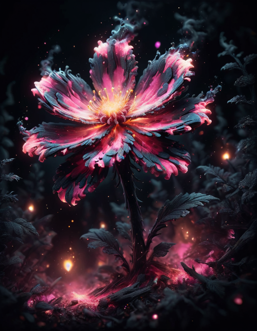Ink illustration, bioluminescent pink flower, fabulous night forest, magical radiance, Concept art,depth of fieldm, realistic, cinematic lighting, soft shadows,fractal, colorful, depth of field , vivid colors, volumetric lighting, ink stains, ink splatters, ink runs, ink spots, faded ink <lora:ral-embrglt:1> ral-embrglt