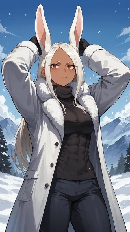 score_9,score_8_up,score_7_up,score_6_up, <lora:xl_more_art-full_v1:0.5>, source_anime, woman, dynamic pose, hands above her head, <lora:Rumi Usagiyama (Mirko) - Pony-000004:0.8>, long hair, white hair, bunny ears, animal ears, red eyes, dark skin, fit, long eyelashes, winter coat, white coat, long coat, fur trim, snow, winter, snowing, mountainous horizon, black sweater, black pants, long coat,