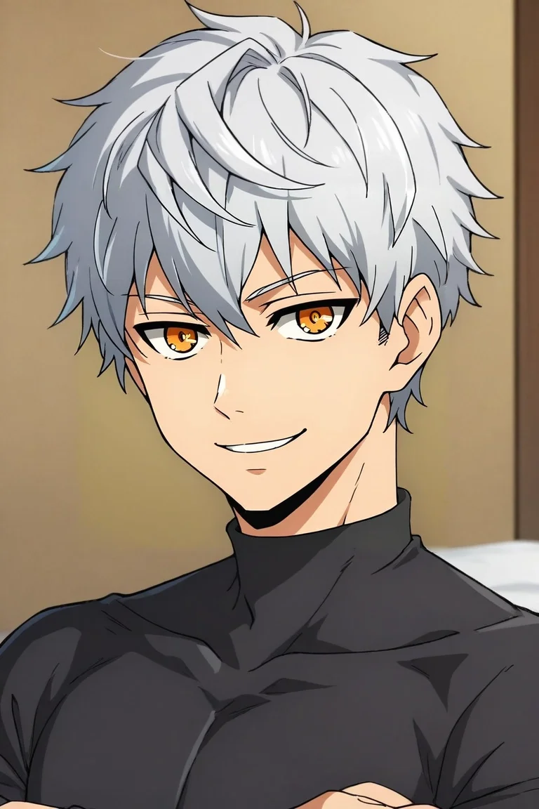 zPDXL, score_9, score_8_up, score_7_up, rating_safe, , looking at viewer, depth of field, 1boy, male focus, peach eyes, silver hair, temp fade, superhero costume, solo, close-up, bedroom, bed, nightstand, midnight, crossed arms, naughty smile, <lora:kami_no_tou_style_pony:0.84>, kami_no_tou_style, , <lora:sdxl_lightning_8step_lora:1>