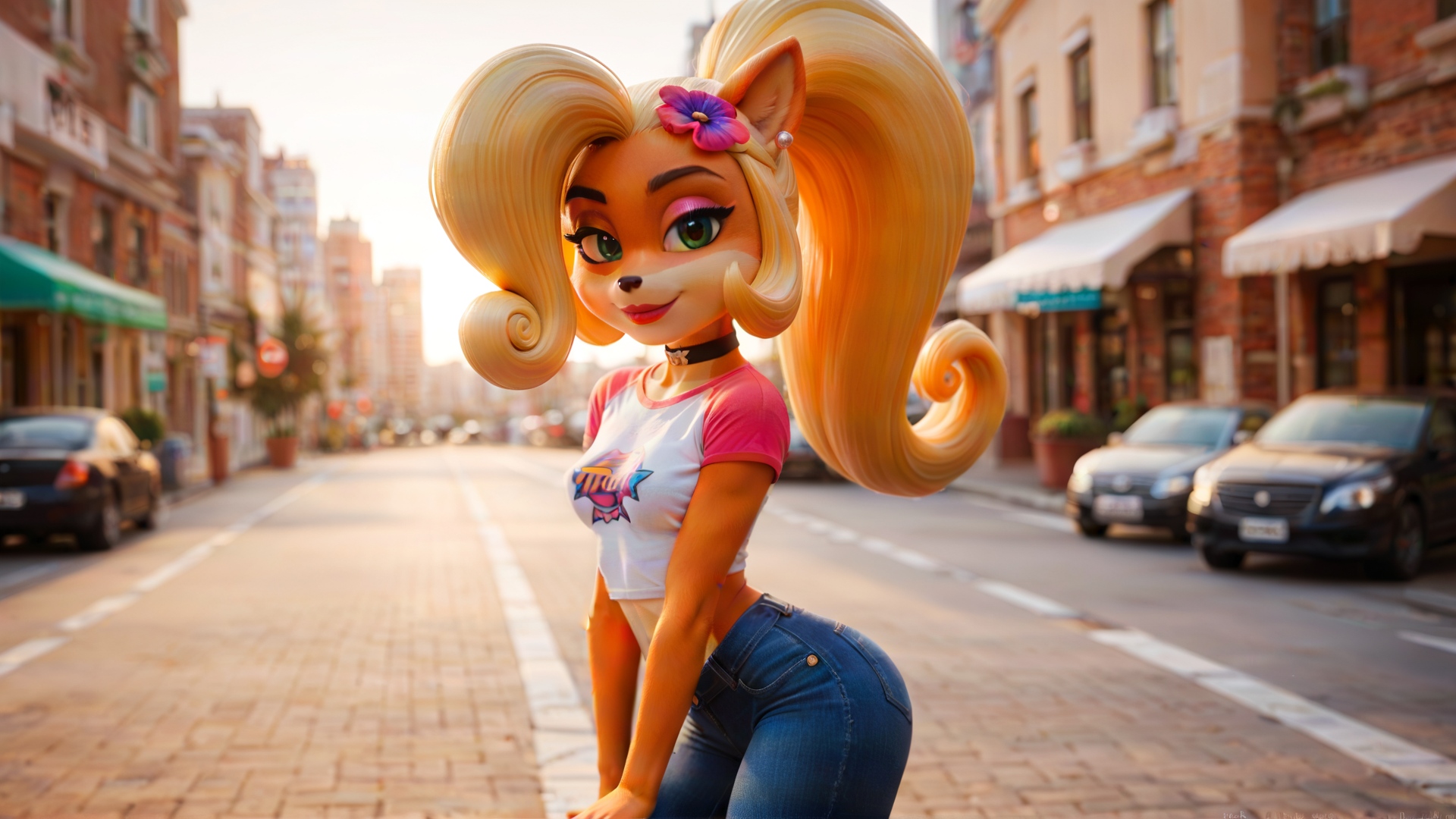 score_4,score_5,score_6,score_7_up,score_8_up,score_9 BREAK source_furry,1girl,solo,jewelry,earrings,long hair,breasts,choker,medium breasts,outdoors,smile,city,high quality,bokeh,coco bandicoot,t-shirt,pants,lipstick,seductive smile,closed mouth,midriff,