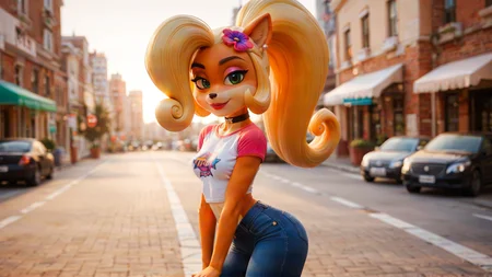 score_4,score_5,score_6,score_7_up,score_8_up,score_9 BREAK source_furry,1girl,solo,jewelry,earrings,long hair,breasts,choker,medium breasts,outdoors,smile,city,high quality,bokeh,coco bandicoot,t-shirt,pants,lipstick,seductive smile,closed mouth,midriff,