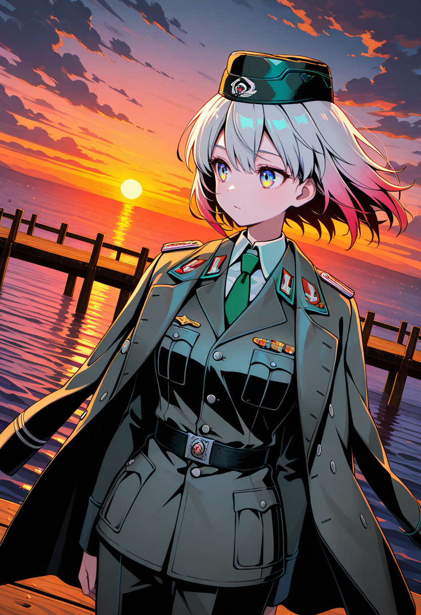 masterpiece, best quality, Graphic Design, color art, vibrant colors, colorful, intricate details, high contrast, detailed background, beautiful detailed, beautiful face, detailed eyes, detailed face, new, newest, 1girl, solo, nv4, necktie, hat, military, military uniform, uniform, cowboy shot, dutch angle, shirt, green necktie, garrison cap, jacket, grey jacket, white shirt, military hat, jacket on shoulders, pier, sea, evening, sunset, cloudy, wind, looking away,