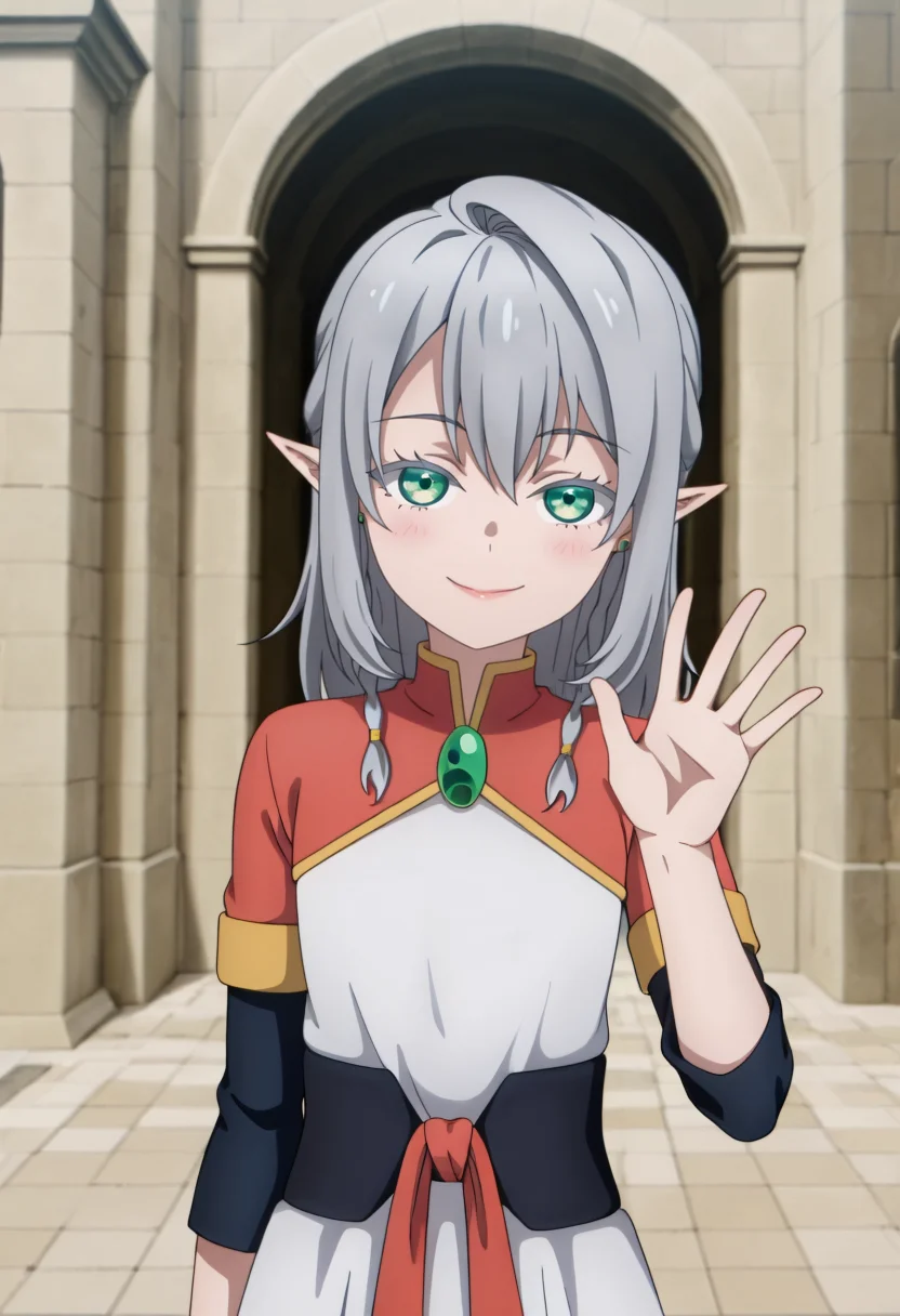 <lora:Young Tessia_IL:1>Young Tessia, 1girl, gray hair, pointed ears, elf, green eyes, white asymmetrical dress with yellow trim, red sash waist tie, black long-sleeve undershirt, green gem pendant necklace, white thigh-high socks, black crisscross strap shoes
Urban courtyard with cherry blossom trees,seductive smile , waving to the viewer, upper body,