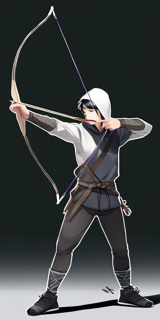 Bow, recurve bow, solo, short hair, simple background, black hair, long sleeves, 1boy, white background, holding, full body, weapon, male focus, shoes, pants, hood, holding weapon, hoodie, black pants, white footwear, sneakers, bow \(weapon\), arrow \(projectile\), holding bow \(weapon\), aiming, holding arrow, drawing bow in the style of  <lora:bow01_xl:1>