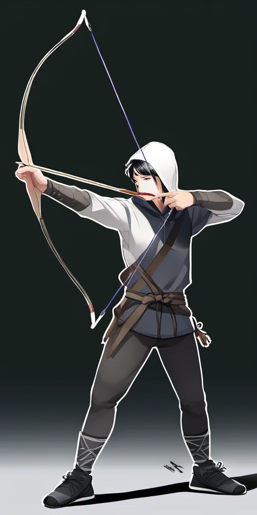 Bow, recurve bow, solo, short hair, simple background, black hair, long sleeves, 1boy, white background, holding, full body, weapon, male focus, shoes, pants, hood, holding weapon, hoodie, black pants, white footwear, sneakers, bow \(weapon\), arrow \(projectile\), holding bow \(weapon\), aiming, holding arrow, drawing bow in the style of <lora:bow01_xl:1>