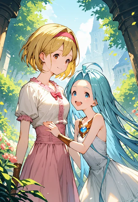 score_9, score_8_up, score_7_up, masterpiece, best quality, very aesthetic, absurdres,
2girls, happy, clear eyes,
lyria \(granblue fantasy\), very long hair, blue hair, medium breasts, skinny, body_slim, small breasts, white cami-dress, bare shoulders, strapless,
djeeta \(granblue fantasy\), short hair, blonde hair, pink blouse, hairband, short sleeves,
<lora:JitaRuri-PonyV6:1> jitaruri,
