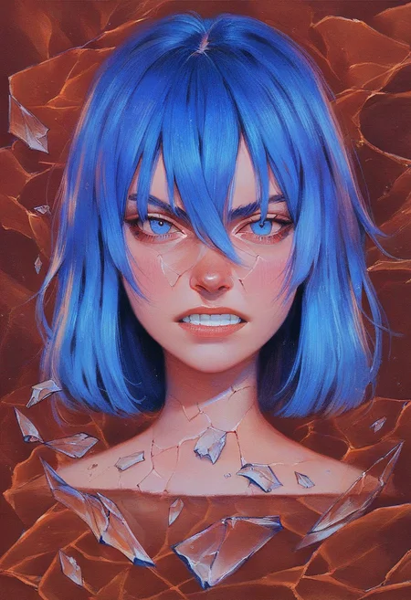 score_9, score_8_up, score_7_up, score_6_up, VitWaterStyle, detailed drawing, teeth, 1girl, solo, blue hair, clenched teeth, bangs, reflection, hair between eyes, blue eyes, looking at viewer, glass, portrait, broken glass