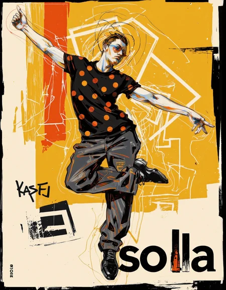 By Martin French. A vibrant and dynamic poster featuring a stylized illustration of a man in a dynamic pose, captured from a low angle, in the middle of the image. the man, who appears to be in mid-air, is wearing a black t-shirt with orange polka dots and black pants, and black shoes. He is positioned in the center of the poster, with his arms stretched out to the sides and his legs bent at the knees, creating a sense of movement and energy. the background is a yellow and orange abstract design with geometric patterns and lines, and the text "so la" is written in bold black letters at the bottom right corner. the overall style is reminiscent of urban art, with bold lines and abstract elements that create a dynamic and energetic atmosphere. the artist's signature, "solo," is also visible in the bottom left corner, adding a touch of professionalism to the overall design. <lora:Martin_French:0.85>