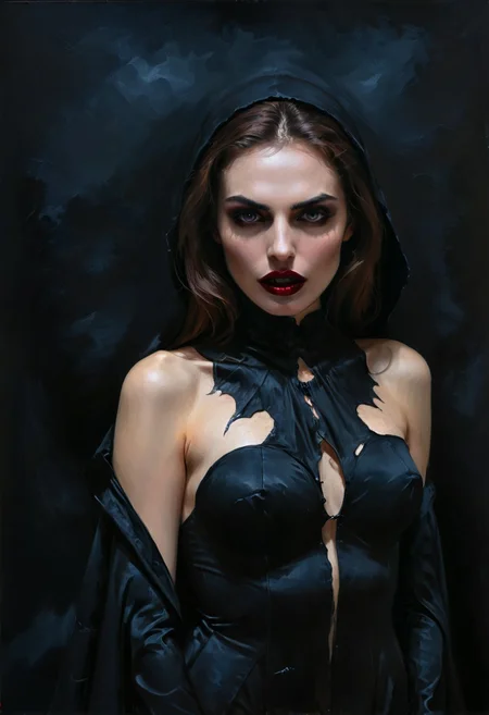 in the style of a highly detailed, dark oil painting, focusing on the intricate skin texture and subtle lighting effects. The image presents a pretty girl desguise with a vampire sexy outfit,open mouth fangs exposed,carmin and black hood cape