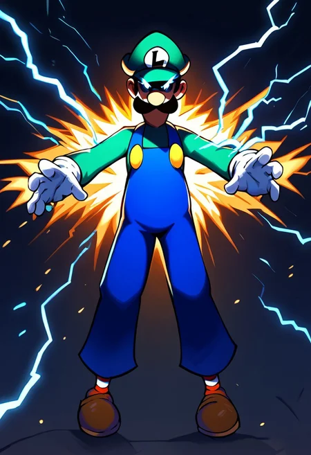 score_9, score_8_up, score_7_up
, masterpiece, beautiful,,electric powers, electricity bend, dynamic pose, dramatic lighting, itluigi, angry, bend knees,cartoon-style, green hat, green long-sleeved shirt, blue overalls, moustache, round nose, brown shoes, white gloves, yellow buttons, brown hair, slim, striped socks, red and white socks, l emblem on hat, looking at viewer, blue eyes, twinkling particles, stardust, eye_trail, glowing eyes,lightning thunder trails, lthndrtrl, lot of lightning coursing along body, electric yellow glow, large sparks of electricity, masterpiece, best quality, very aesthetic, made of golden and blue and red and yellow and purple lightning thunder trails , lthndrtrl, high score, great score, absurdres, shaded face,shaded face, (black face:1.2)glowing eyes