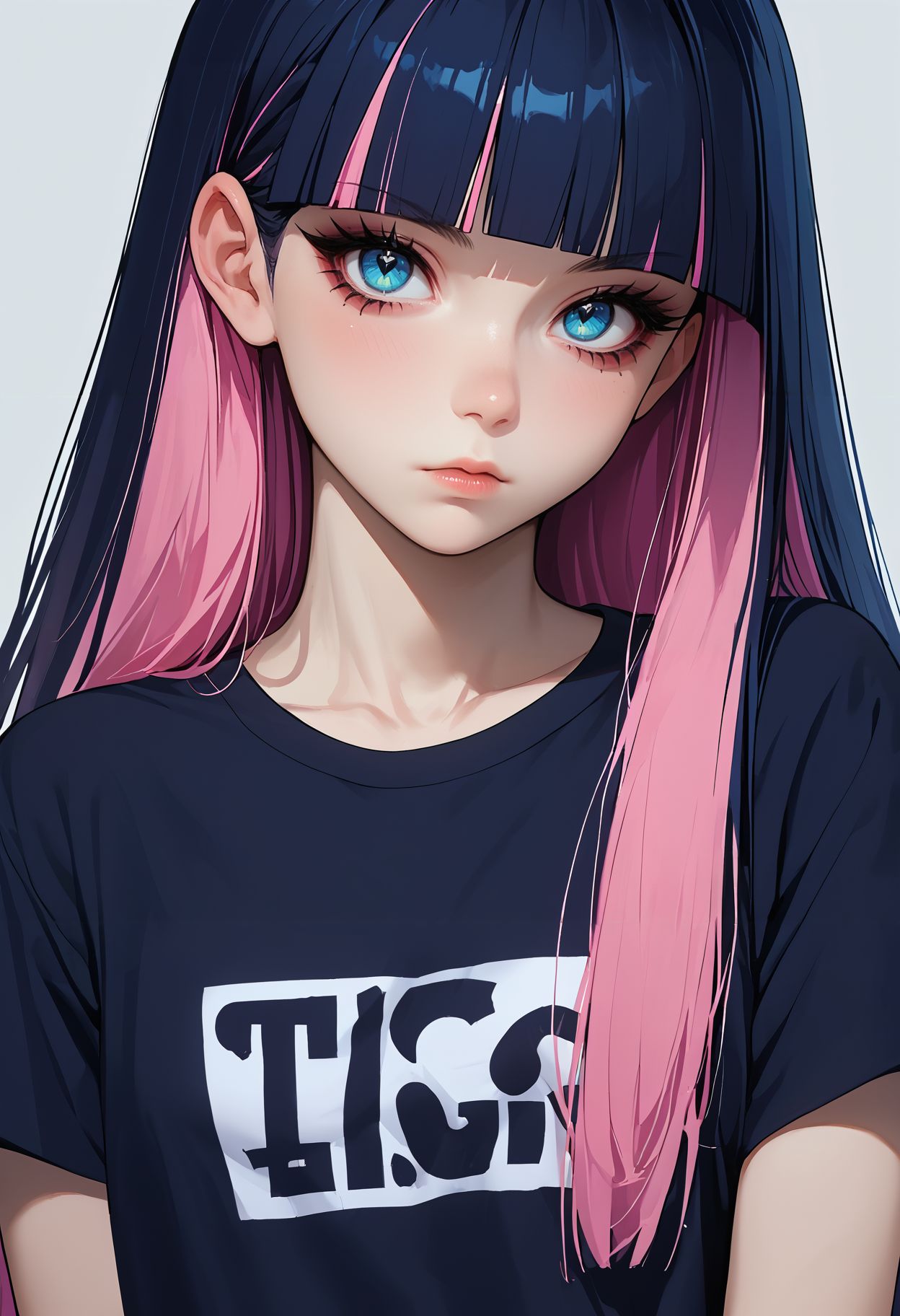 score_9,score_8_up,score_7_up,source_anime <lora:stocking_psg_pdxl_goofy:1>stocking \(psg\), 1girl, bow, eyelashes, long hair, looking at viewer, multicolored hair, shirt, simple background,  two-tone hair,black hair,pink hair, t-shirt,goth girl,blue eyes