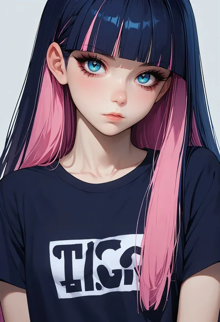 score_9,score_8_up,score_7_up,source_anime <lora:stocking_psg_pdxl_goofy:1>stocking \(psg\), 1girl, bow, eyelashes, long hair, looking at viewer, multicolored hair, shirt, simple background, two-tone hair,black hair,pink hair, t-shirt,goth girl,blue eyes