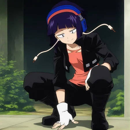 sharp focus, pixiv masterpiece, source_anime, best quality, high res, absurd res, anime_screencap, BREAK
<lora:Kyoka_Jiro_MHA_IL_v49:1> , kyokajiro, 1girl, solo, purple_hair, short_hair, black_eyes, bangs, earlobes, blue_headphones, earphone_plugs, white_gloves, fingerless_gloves, black_jacket, cutout_shirt, black_pants, dark_boots, full body, crouching