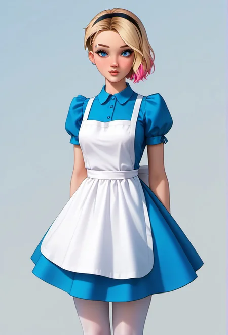 (1girl, solo, multicolored hair, , AliceWaifu, blue eyes, blue dress, white pantyhose, apron, black hairband, blonde, TenMic10, gwen stacy, blonde hair,undercut,blue eyes:1.3), The Korean girl is doing a sixth #pixelart painting in the digital age, masterpiece, best quality, high res, illustration, extremely detailed, 8k, wallpaper