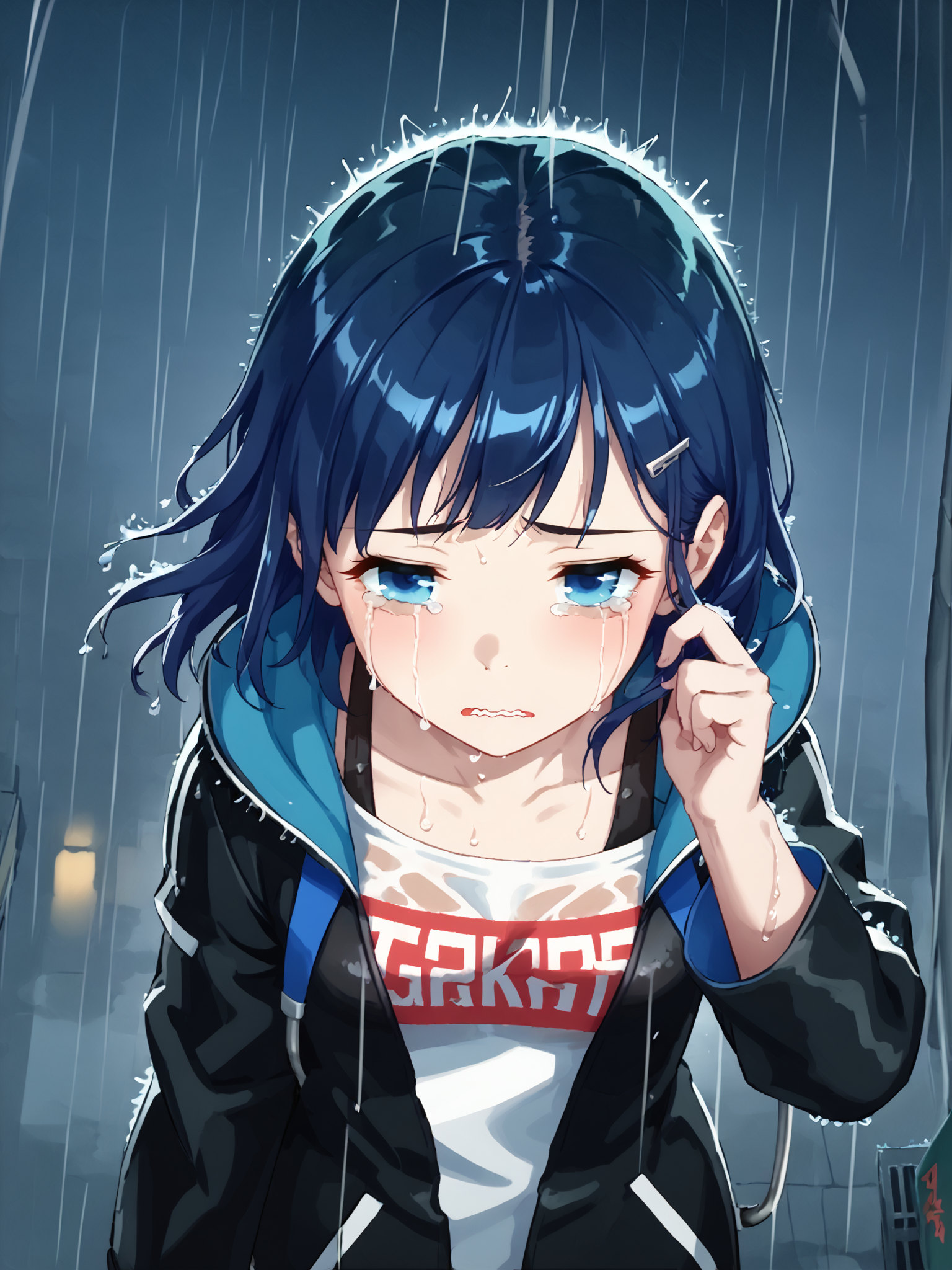score_9, score_8_up, score_7_up, source_anime, BREAK
1girl, solo, <lora:TokyoStories_Suzu_Pony_v1:1>, (tokyo streets, dark, night sky:1.5), (blue hue, blue tone mapping:1.5), (rainy, heavy rain:2.5), short hair, bangs, blue hair, blue eyes, white shirt, closed black jacket, black zipper, blue backpack,  hood down, white sneakers, bare legs, parted lips, (standing:1), (windy, floating hair:1.4), (melancholic:1.5), (closeup, upper body, portrait:2), (clothes writing:1.5), (looking up at the sky, dutch angle, wet, shiny skin, drenched, squinting, pain, agony:1.5), (wiping tears, wavy mouth, clenched teeth, sad, crying:1.5), (from above:2), (hand up, wiping tears away, finger under eye:1.5), adjusting hair,