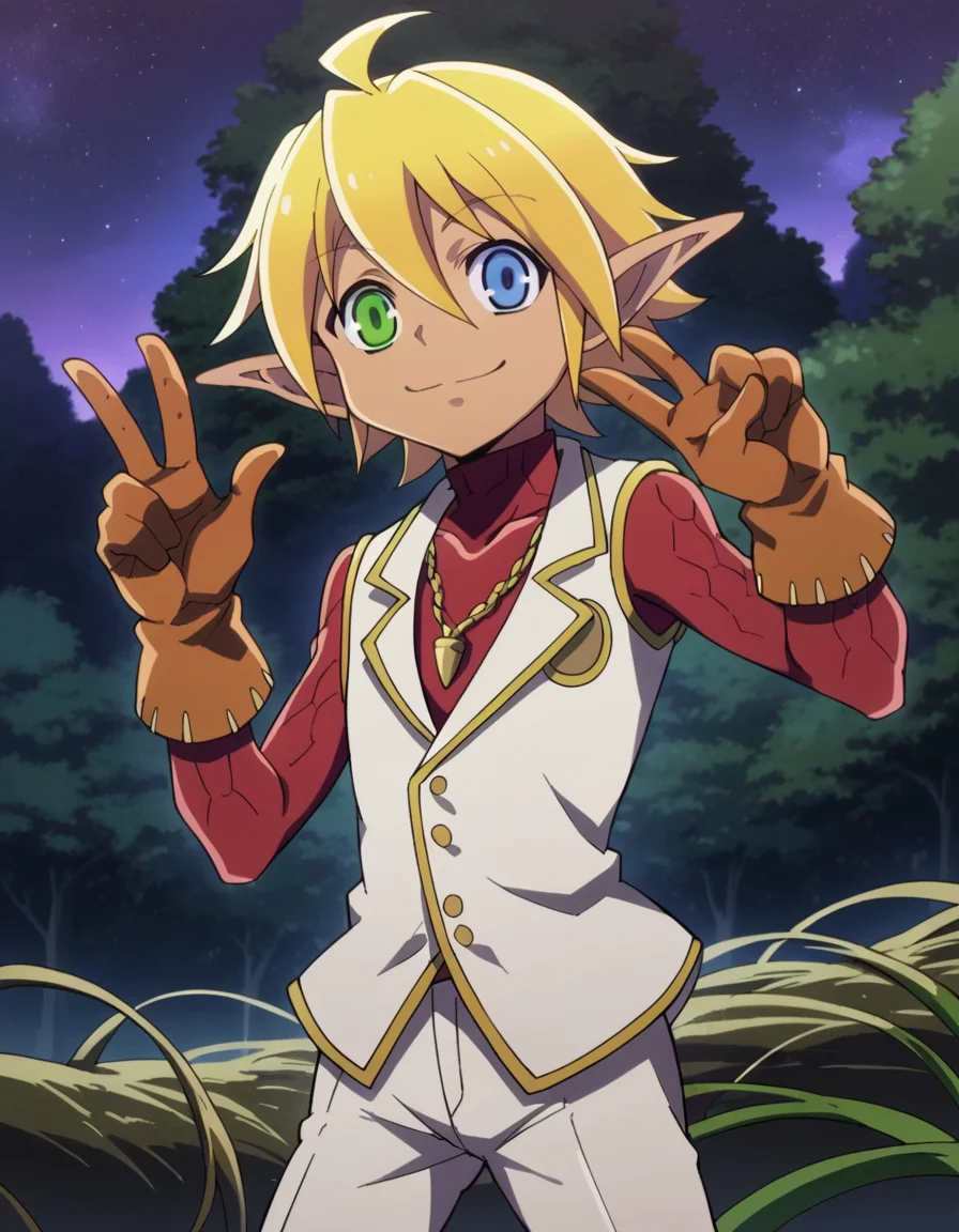 score_9, score_8_up, score_7_up, source_anime,
aurabellafiora, <lora:aura-bella-fiore-ponyxl-lora-nochekaiser:1>,
aura bella fiora, short hair, blue eyes, blonde hair, hair between eyes, green eyes, ahoge, pointy ears, dark skin, heterochromia, elf, dark elf, smile, peace sign,
gloves, jewelry, necklace, vest, white vest, pants, white pants,
outdoors, night, night sky, forest, nature,
looking at viewer,