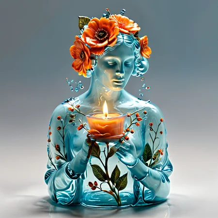 k7561, glasssculpture k7561, a candle with a floral design, photo realistic, 8k, <lora:k7561_SDXL_V03:1.0>, (transparent:1.3) dark orange paint, light blue paint, <lora:xl_more_art-full_v1:1>, <lora:sdxl_glass:0.7> translucent,  <lora:Melting_world:0.3> woman