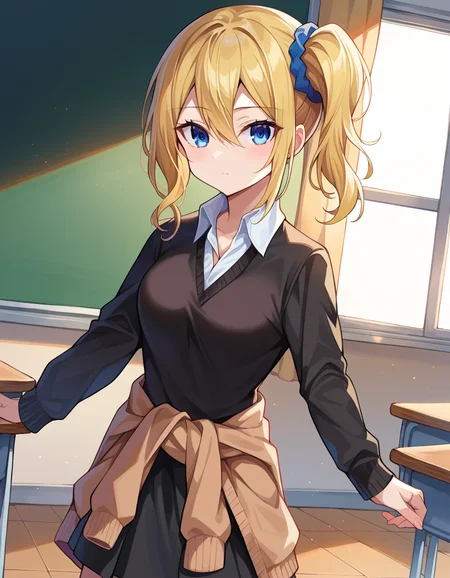 score_9, score_8_up, score_7_up, source_anime,
aihayasaka, <lora:ai-hayasaka-ponyxl-lora-nochekaiser:1>,
ai hayasaka, bangs, blue eyes, blonde hair, hair ornament, hair between eyes, sidelocks, side ponytail, scrunchie, hair scrunchie, blue scrunchie,
shirt, long sleeves, school uniform, shoes, socks, sweater, cardigan, black socks, clothes around waist, shuuchiin academy school uniform, sweater around waist, cardigan around waist,
indoors, classroom,
looking at viewer, cowboy shot, dutch angle,