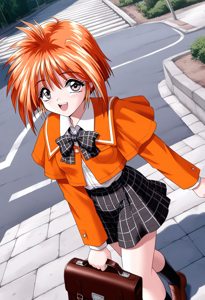 general,highres, ultra-detailed,very aesthetic,best quality ,best hands, BREAK <lora:Kawahara_Ayano_Akumu_AoiKajitsunoSange_IS:1>
Kawahara_Ayano, 1girl, solo, short hair, orange hair, small breasts, grey eyes, bangs, 
orange school uniform, plaid skirt,  white and black skirt, open mouth, smile,  school bag, plaid bow, 
looking at viewer,  outdoors, long sleeves,  
bowtie,  holding bag, :d,  road, 
plaid bowtie, shirt, walking, standing, stairs, 
school briefcase,  from above,  day,