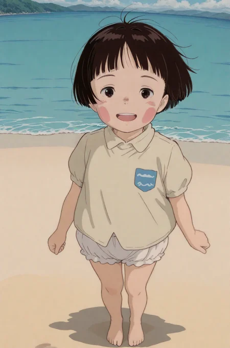 ganaishoten:0.6, leonardo 16sei:0.7, <lora:ai_styles_collection_noob_vpred-1.0-v4.02:1>, <lora:illustriousXL_stabilizer_v1.7:0.7>, anime coloring, (masterpiece, best quality, very aesthetic, absurdres, high quality), 1girl, solo, standing, <lora:Setsuko_Yokokawa:0.8>, setsuko, white shirt, collared shirt, puffy sleeves, barefoot, brown hair, brown eyes, short hair, blush stickers, smile, looking at viewer, breast pocket, upper teeth only, beach, bloomers,