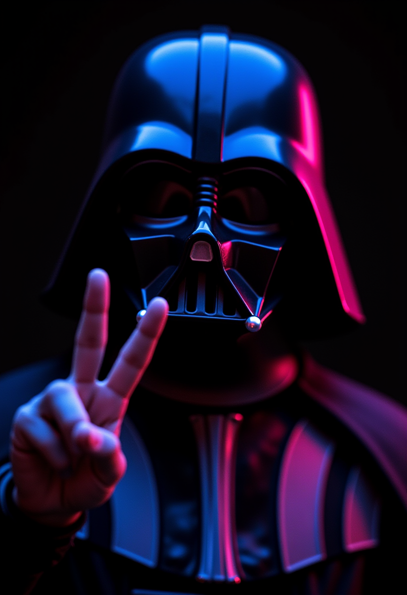 photo close up of Darth Vader's face in neonpunk universe, showing v sign with his fingers, happiness,black background 