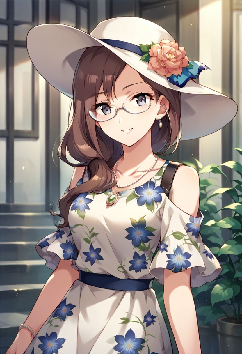 score_9, score_8_up, score_7_up, source_anime,yagami makino, long hair, glasses, brown hair, periwinkle eyes, 1girl, hat, solo, necklace, smile, jewelry, semi-rimless eyewear, dress, looking at viewer, floral print, shoulder cutout, hair over shoulder