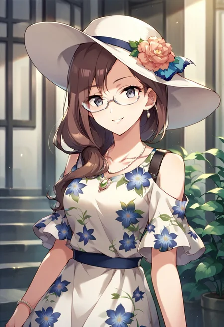 score_9, score_8_up, score_7_up, source_anime,yagami makino, long hair, glasses, brown hair, periwinkle eyes, 1girl, hat, solo, necklace, smile, jewelry, semi-rimless eyewear, dress, looking at viewer, floral print, shoulder cutout, hair over shoulder