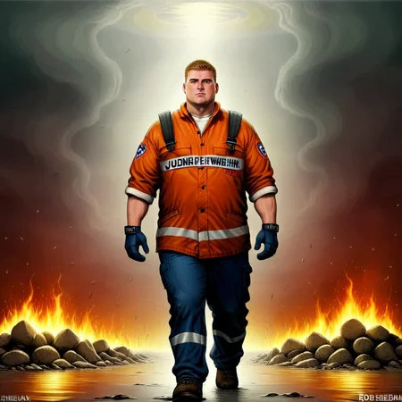 Illustration jugendfeuerwehr big strong man by rob_sheridan_drawing_style<lora:Jugendfeuerwehr:1> <lora:add_detail:1> <lora:rob_sheridan_drawing_style:1>