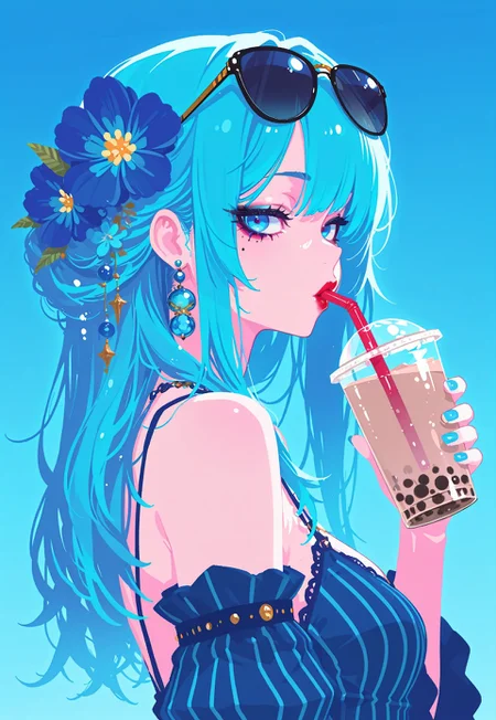 masterpiece,best quality,amazing quality, 1girl, solo, long hair, looking at viewer, blue eyes, hair ornament, dress, holding, jewelry, blue hair, upper body, flower, earrings, food, detached sleeves, hair flower, striped clothes, nail polish, mole, from side, blue sky, cup, looking to the side, mole under eye, makeup, blue dress, fruit, blue background, sunglasses, holding cup, eyewear on head, blue nails, blue flower, vertical-striped clothes, drinking straw, blue theme, drink, red lips, striped dress, vertical-striped dress, holding drink, bubble tea, drinking straw in mouth, h4ra_illu,in the style of Jedbcg