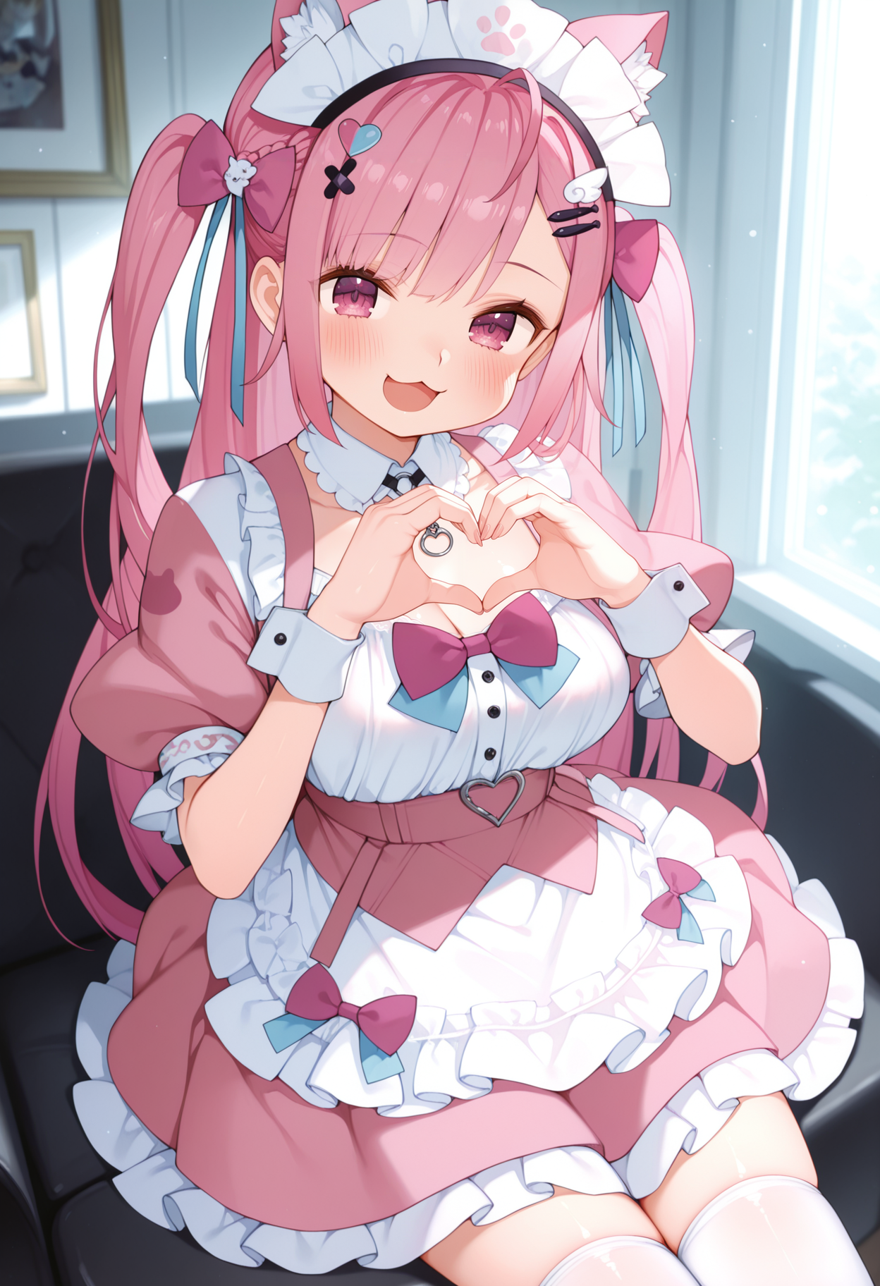 (best quality , masterpiece, good quality), very aesthetic, absurdres, general, sfw, 1girl, solo, yuuki sakuna, long hair, blush, animal ears, pink hair, medium breasts, hair ornament, maid headdress, bow, maid, animal ear fluff, pink bow, puffy sleeves, apron, white dress, pink dress, blue ribbon, bowtie, collarbone, hairclip, hair bow, detached collar, white thighhighs, :3, open mouth, smile, heart hands, gaoustyle, <lora:gaoustyle_ilxl:1>, <lora:yuuki_sakuna_IL_v2:1>,