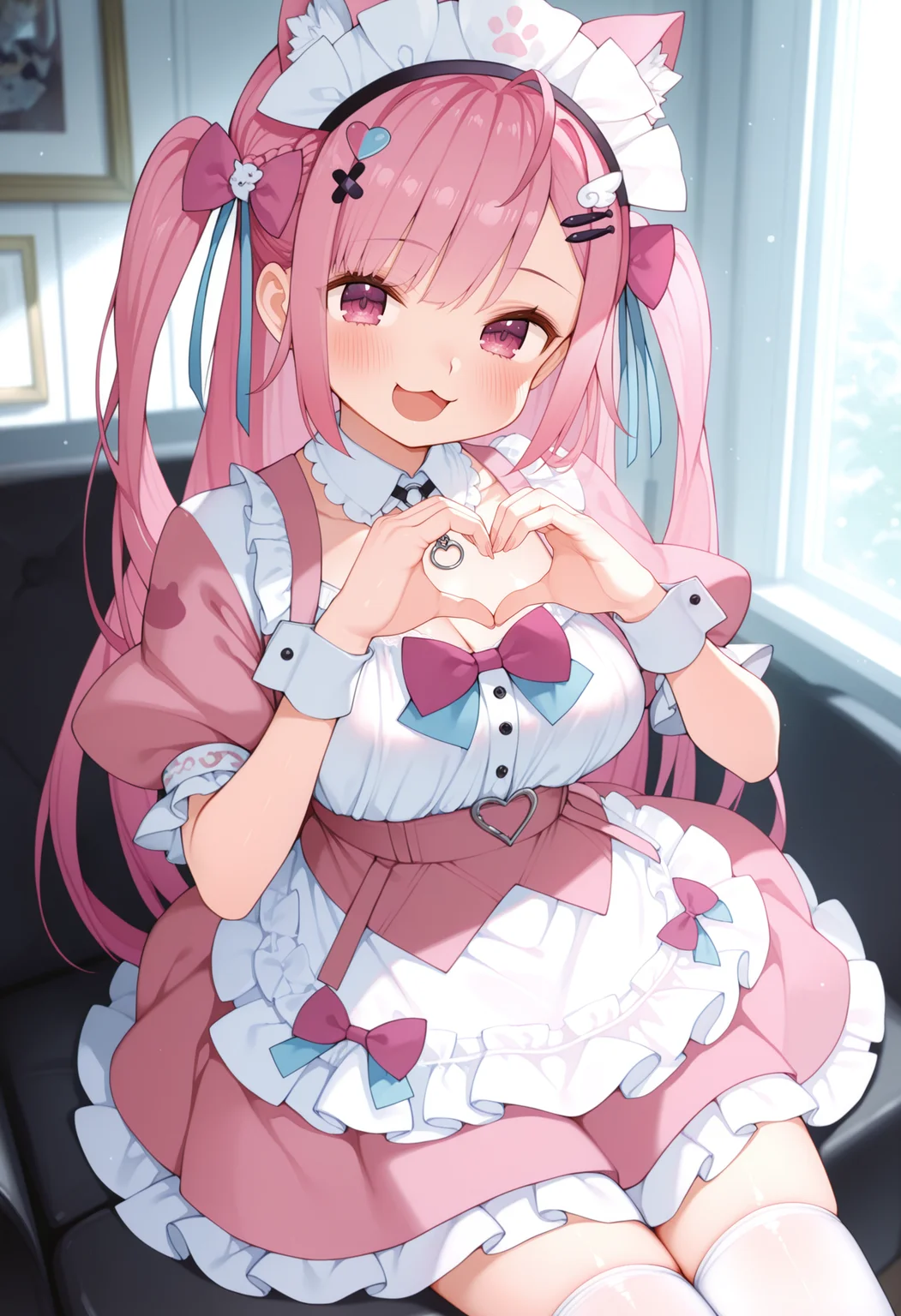 (best quality , masterpiece, good quality), very aesthetic, absurdres, general, sfw, 1girl, solo, yuuki sakuna, long hair, blush, animal ears, pink hair, medium breasts, hair ornament, maid headdress, bow, maid, animal ear fluff, pink bow, puffy sleeves, apron, white dress, pink dress, blue ribbon, bowtie, collarbone, hairclip, hair bow, detached collar, white thighhighs, :3, open mouth, smile, heart hands, gaoustyle, <lora:gaoustyle_ilxl:1>, <lora:yuuki_sakuna_IL_v2:1>,