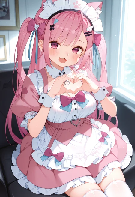 (best quality , masterpiece, good quality), very aesthetic, absurdres, general, sfw, 1girl, solo, yuuki sakuna, long hair, blush, animal ears, pink hair, medium breasts, hair ornament, maid headdress, bow, maid, animal ear fluff, pink bow, puffy sleeves, apron, white dress, pink dress, blue ribbon, bowtie, collarbone, hairclip, hair bow, detached collar, white thighhighs, :3, open mouth, smile, heart hands, gaoustyle, <lora:gaoustyle_ilxl:1>, <lora:yuuki_sakuna_IL_v2:1>,