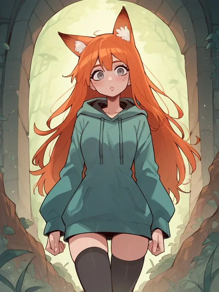 source_anime, score_9, score_8_up, score_7_up, score_6_up, score_5_up, thighhighs, long hoodie, <lora:D4lm4uXLP:1> d4lm4u, 1girl, curvy, ginger hair, long hair, grey eyes, fox ears