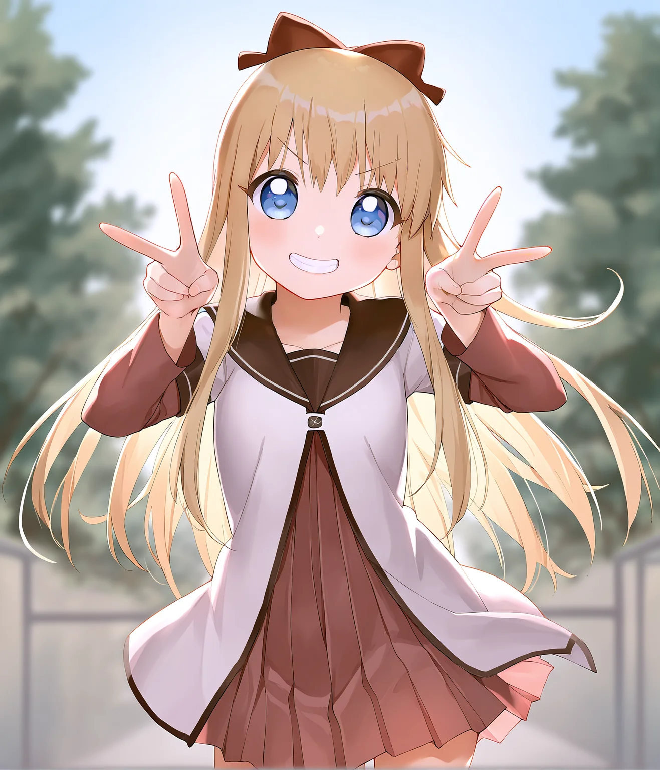 (masterpiece, best quality, newest, absurdres, highres:0.8), 1girl, solo, toshinou kyouko, grin, nanamori school uniform, looking at viewer, outdoors, cowboy shot, blurry background, backlighting, double_v, <lora:sorimurayouji_Vpred:1>