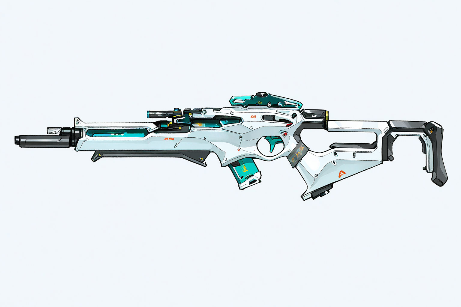 petergunS,A digital drawing of a futuristic,teal and black sci-fi rifle with a sleek,angular design.(The background is plain white:2),emphasizing the weapon's intricate details and vibrant color scheme.,