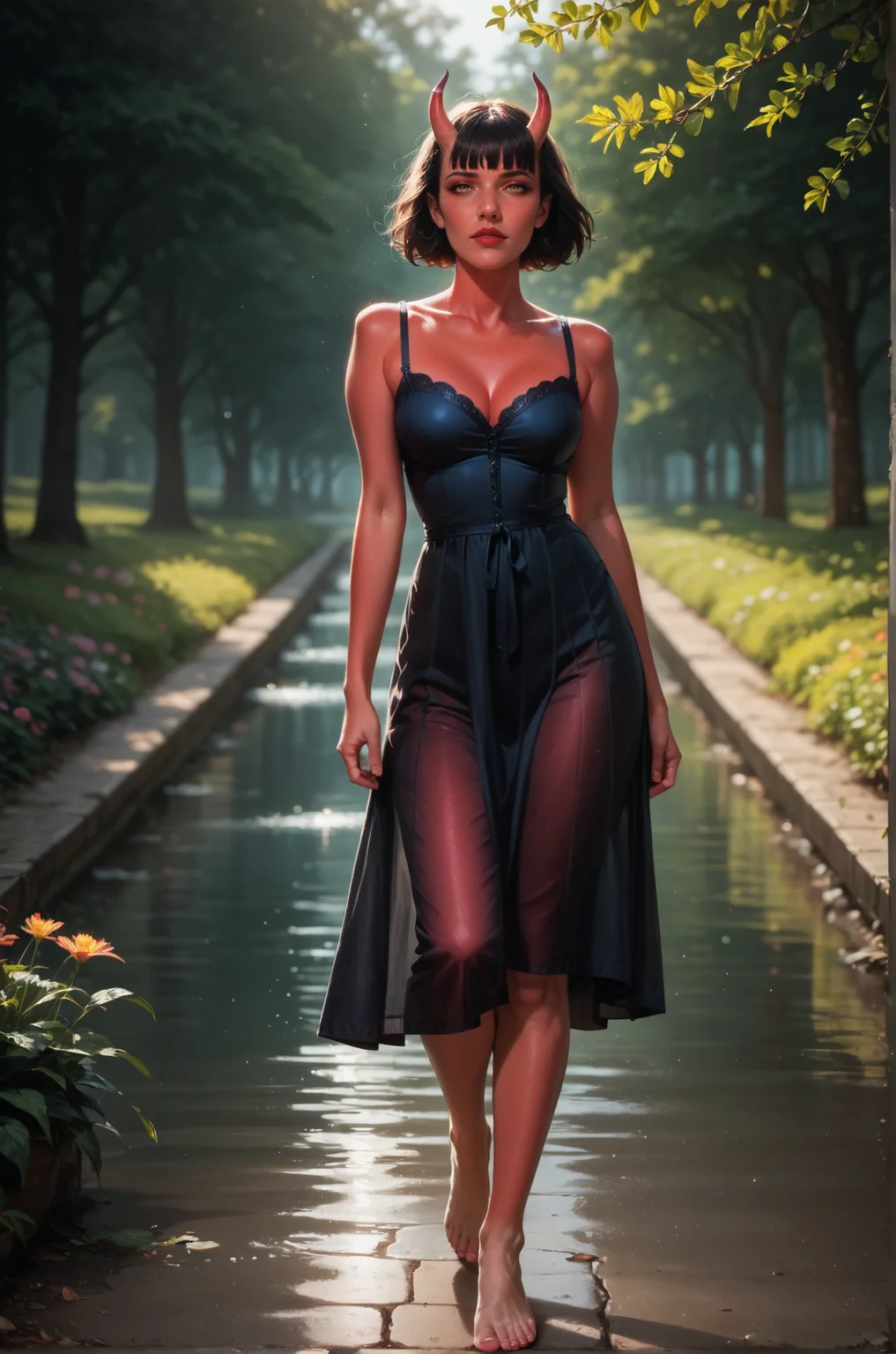 score_9,score_8_up,score_8,score_9,ultra HD quality details,photo_(medium),reality,<lora:Sanctusmorti:1>,sanctusmorti,succubus,oni horns,short black bangs,colored red skin,yellow eyes,thinking,shy,walking in a wildflower meadow,summer dress,sexy pose,mascara,eye shadow,lipstick,midday,sunny day,bare feet,
bokeh,depth of field,<lora:43stl1ght1ngXLP2:0.2>,43stl1ght1ng,eye lighting,water,reflection,