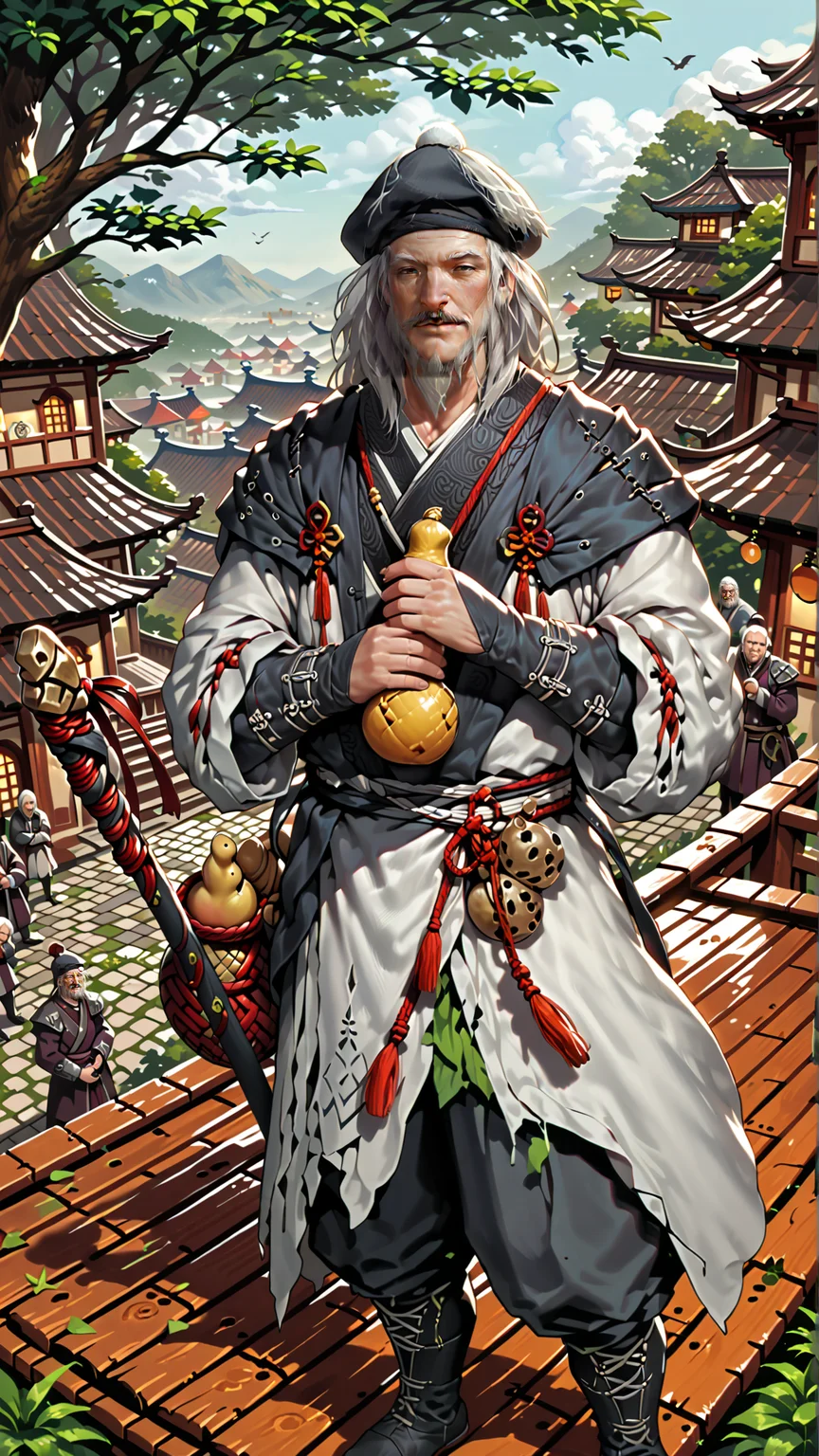 (zPDXL2), (((cowboy shot))), (((dynamic pose))), (((dynamic angle))), webtoon, anime, centered, perfect hands, (((holding gourd with one hand))), drunk, gosk, solo, old man, white hair, (white robes), smiling, male focus, facial hair, beard, hat, mustache, outdoors, medieval fantasy, Chinese, wuxia, village background, <lora:sd_xl_dpo_lora_v1:1>, <lora:OMG-Is-DucHaiten_v1.0:0.1>, <lora:gosk_PonyXL:0.8>