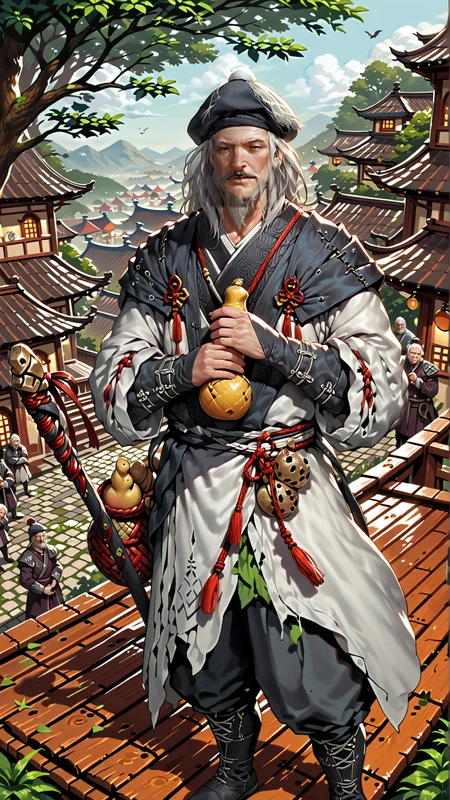 (zPDXL2), (((cowboy shot))), (((dynamic pose))), (((dynamic angle))), webtoon, anime, centered, perfect hands, (((holding gourd with one hand))), drunk, gosk, solo, old man, white hair, (white robes), smiling, male focus, facial hair, beard, hat, mustache, outdoors, medieval fantasy, Chinese, wuxia, village background, <lora:sd_xl_dpo_lora_v1:1>, <lora:OMG-Is-DucHaiten_v1.0:0.1>, <lora:gosk_PonyXL:0.8>