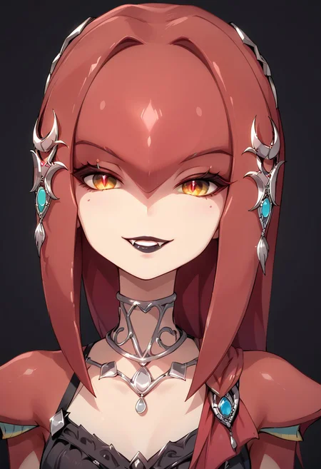 score_9, score_8_up, score_7_up, score_6_up, (haaru),concept art, digital artwork, highly detailed, sharp focus, portrait, mipha, zora, red skin, <lora:princess_xl_v2:0.3>, <lora:VampirePonyLora:0.9> vampire, red eyes, glowing eyes, fangs, <lora:Gothic:1>, GothicC, makeup, black lipstick, mascara, black nails, gothic dress, black dress, red dress, covered shoulders, fishnet, half closed eyes, smug, evil smile, dark background