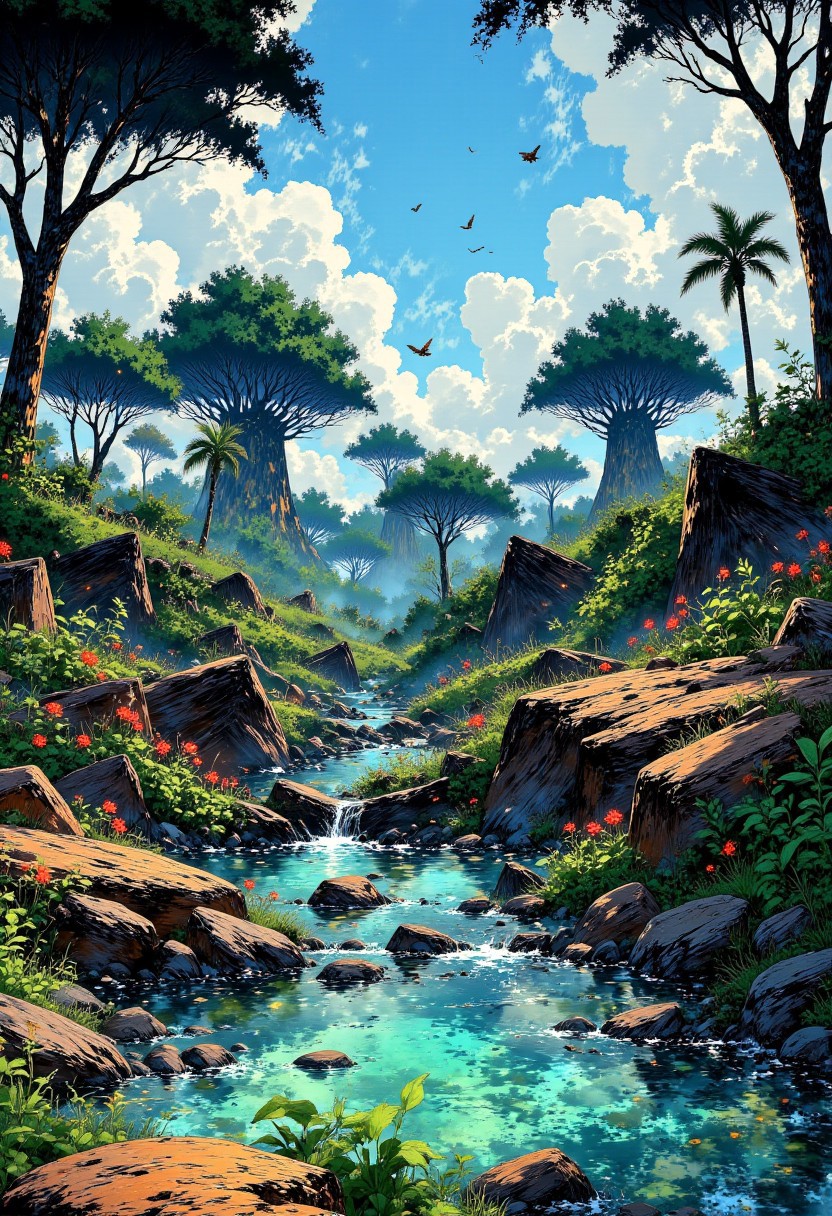 Madagascar Wild Oasis – Baobab Trees & Cascading Streams
"A remote tropical paradise in Madagascar, where a small series of waterfalls trickle down smooth rock formations into a crystal-clear basin. Towering baobab trees stand in the distance, their silhouettes grand against the bright blue sky. Lush ferns and exotic red flowers line the banks, while colorful butterflies dance in the warm breeze."