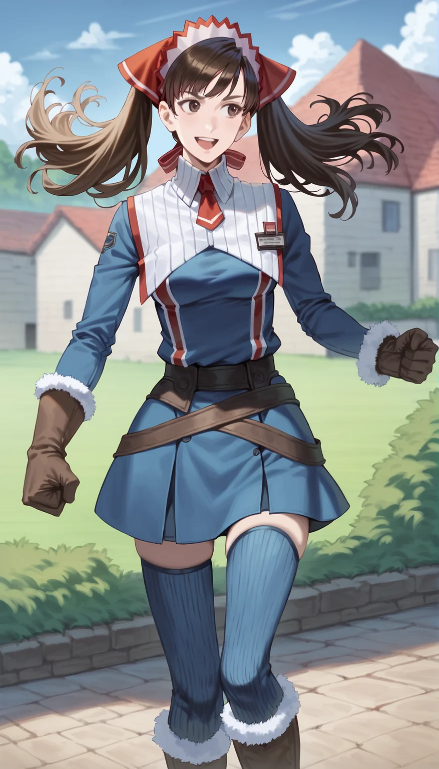 score_9,score_8_up,score_7_up,
realistic,highly detailed,
<lora:aliciamelchiott:0.9>,aliciamelchiott,1girl,solo,
brown hair,twintails,bouncing hair,brown eyes,eyes looking to the side,smile,open mouth,headdress,military uniform,white collar,red necktie,brown gloves with fur trim,brown belt,dark blue skirt,dark blue thighhighs,knee boots with fur trim,full body,standing,front view,left fist on hip,
outdoors,countryside,vignetting,blurry background,