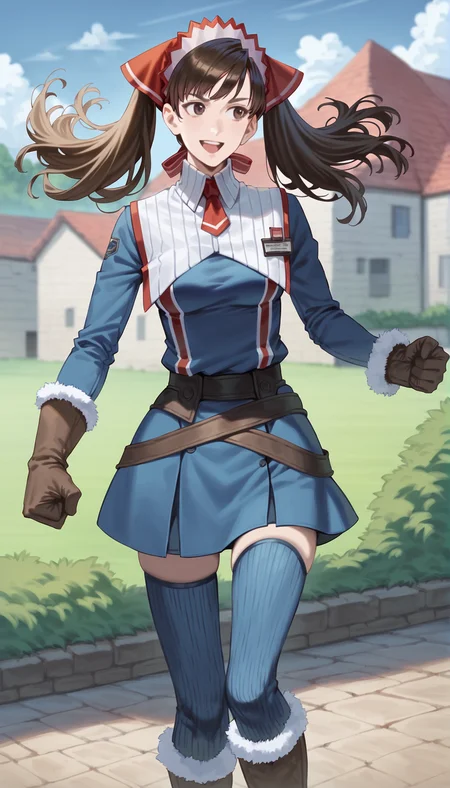 score_9,score_8_up,score_7_up,
realistic,highly detailed,
<lora:aliciamelchiott:0.9>,aliciamelchiott,1girl,solo,
brown hair,twintails,bouncing hair,brown eyes,eyes looking to the side,smile,open mouth,headdress,military uniform,white collar,red necktie,brown gloves with fur trim,brown belt,dark blue skirt,dark blue thighhighs,knee boots with fur trim,full body,standing,front view,left fist on hip,
outdoors,countryside,vignetting,blurry background,