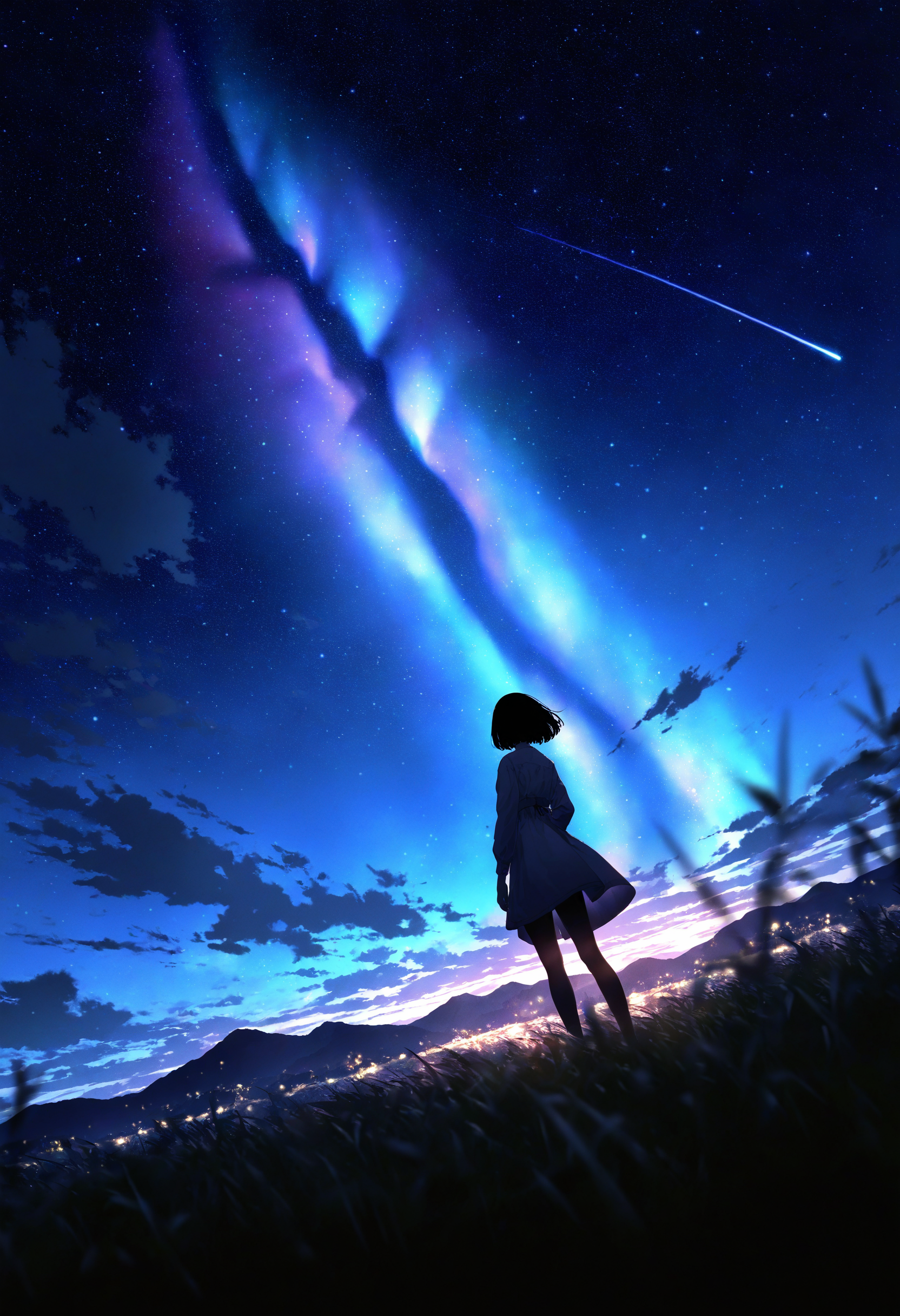 artist:[yoneyama mai|diyokama|lifeline \(a384079959\)]
anime scene of a person standing in a field looking at the sky, star \(sky\), sky, shooting star, night sky, night, starry sky, aurora, cloud, space, grass, horizon, light particles, outdoors, mountain, 
backlighting, depth of field, dutch angle, partially obscured, (foreshortening:0.6), 
masterpiece, best quality, very awa, absurdres
<lora:noobai_vpred_1_masterpieces_v1:1>
