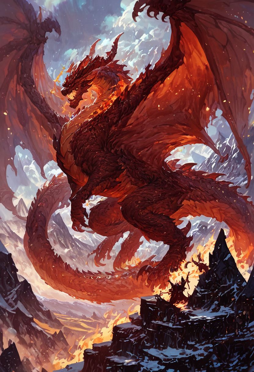 score_9, score_8_up, score_7_up, score_6_up, score_5_up, score_4_up, gigantic dragon, teeth, horns, long tail, wings, mountains, fire aura,fantasy,solo focus,epic